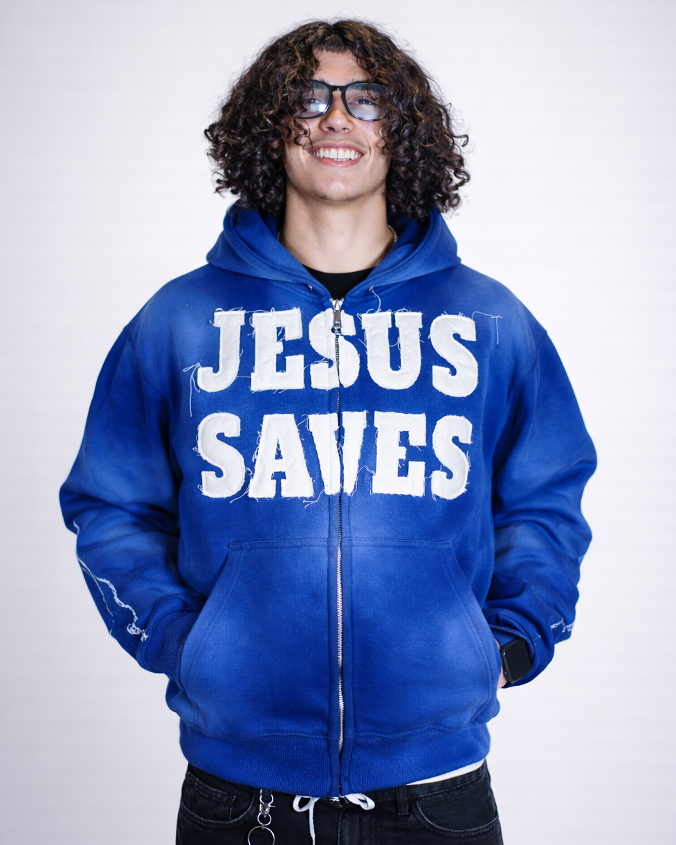 "Ocean Blue" Jesus Saves Zip Up Hoodie