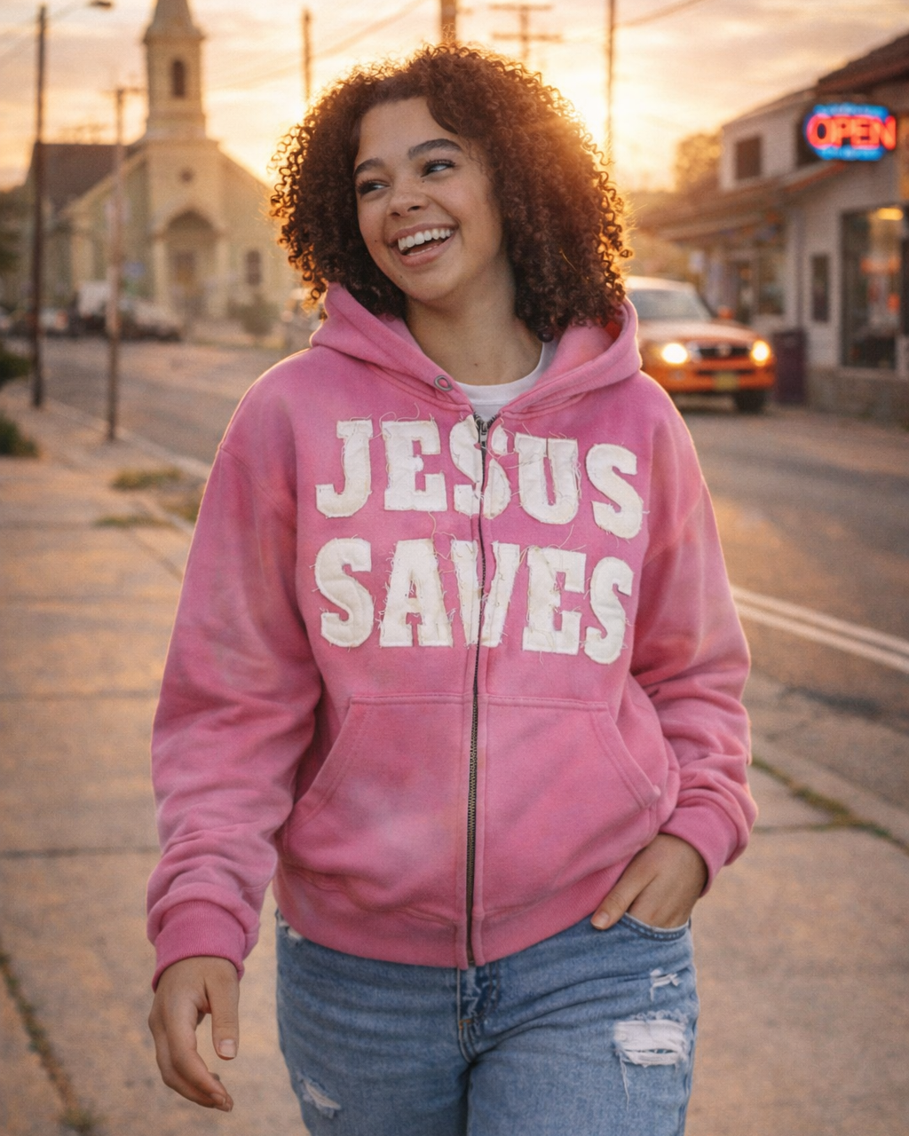 "Luminous Pink" Jesus Saves Zip Up Hoodie