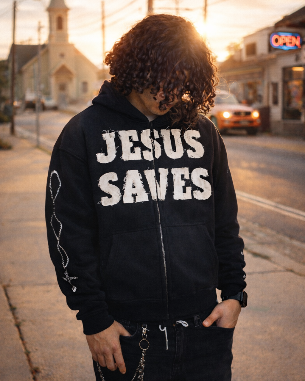 "ASH BLACK" Jesus Saves Zip Up Hoodie