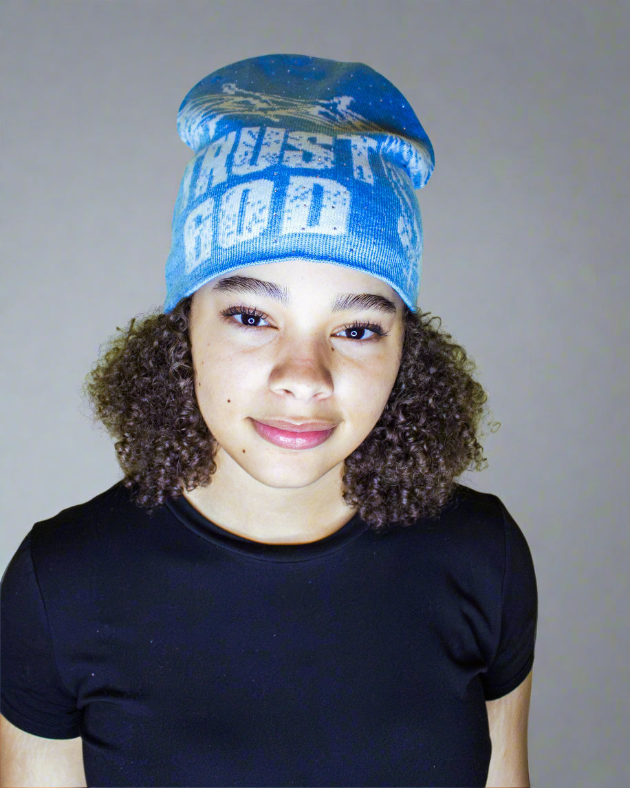"Azure Blue" Trust God Silk Lined Crown Beanie