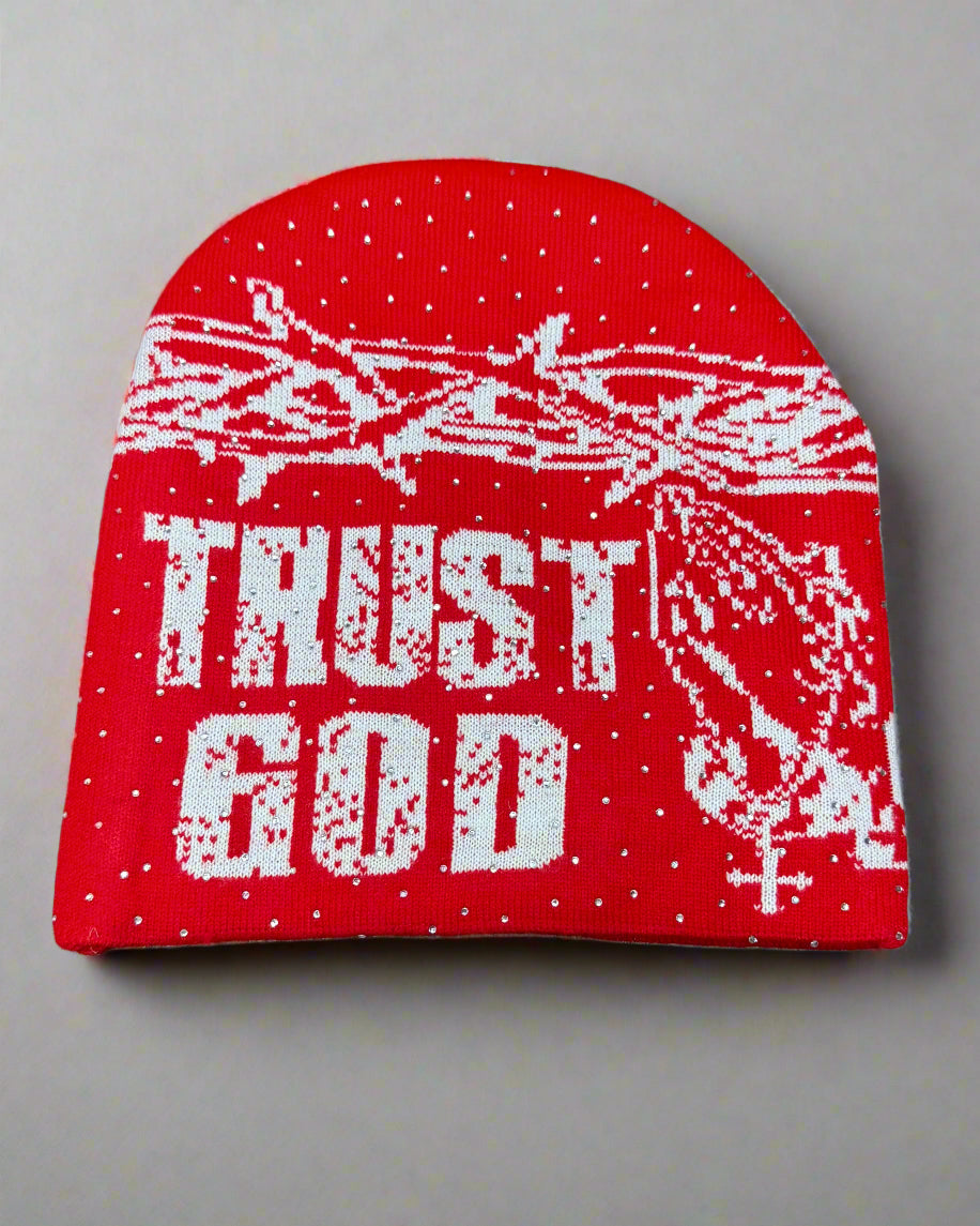 "Crimson Red" Trust God Silk Lined Crown Beanie